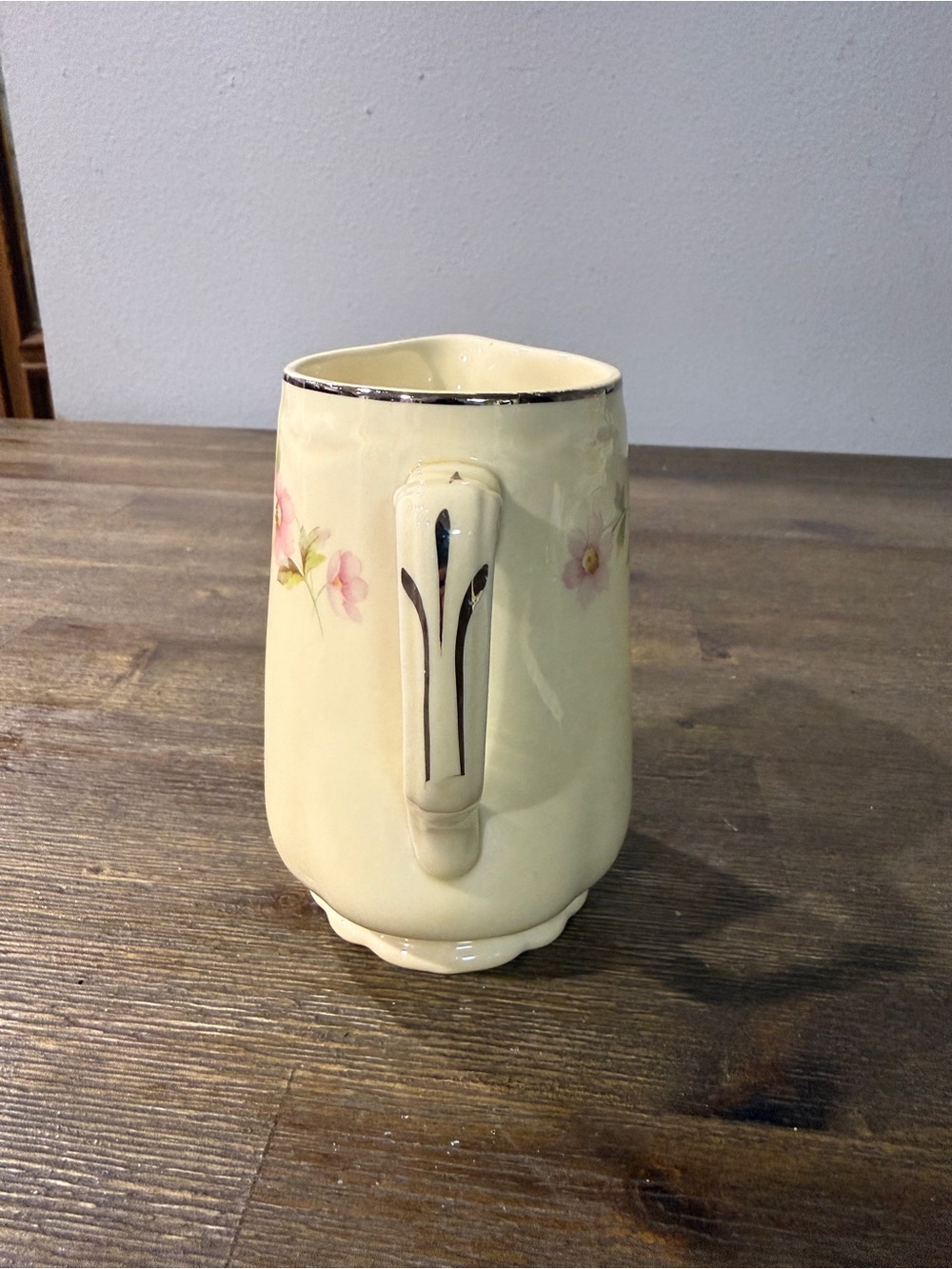 Vintage Cream Floral Ceramic Pitcher with Pink Flower Accent.  About 5” tall - Picture 3 of 6
